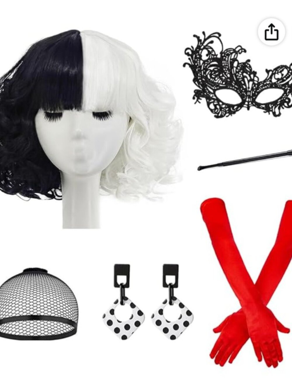 Cruella De Vil Inspired 6 Piece Wig Costume Accessory Set New